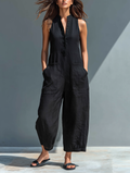 Women’s Linen Blend Stand Collar Sleeveless Jumpsuit – Button-Front Loose Fit Summer Outfit