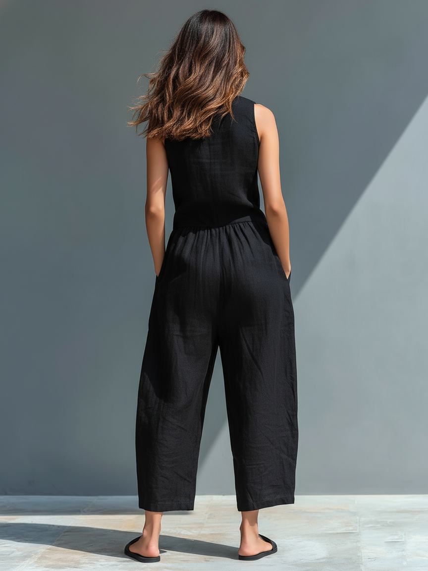 Women’s Linen Blend Stand Collar Sleeveless Jumpsuit – Button-Front Loose Fit Summer Outfit