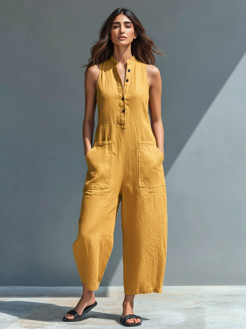 Women’s Linen Blend Stand Collar Sleeveless Jumpsuit – Button-Front Loose Fit Summer Outfit