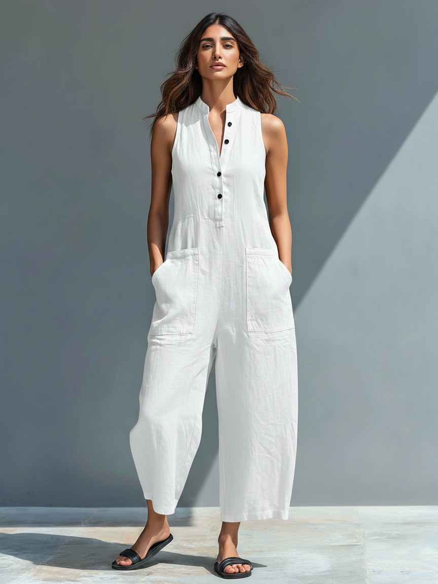 Women’s Linen Blend Stand Collar Sleeveless Jumpsuit – Button-Front Loose Fit Summer Outfit