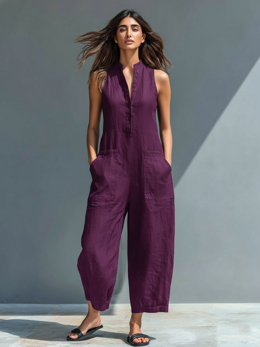 Women’s Linen Blend Stand Collar Sleeveless Jumpsuit – Button-Front Loose Fit Summer Outfit