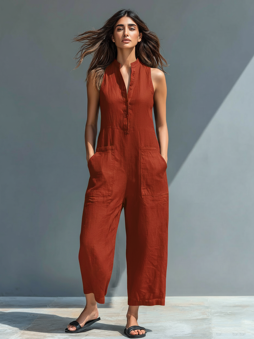 Women’s Linen Blend Stand Collar Sleeveless Jumpsuit – Button-Front Loose Fit Summer Outfit