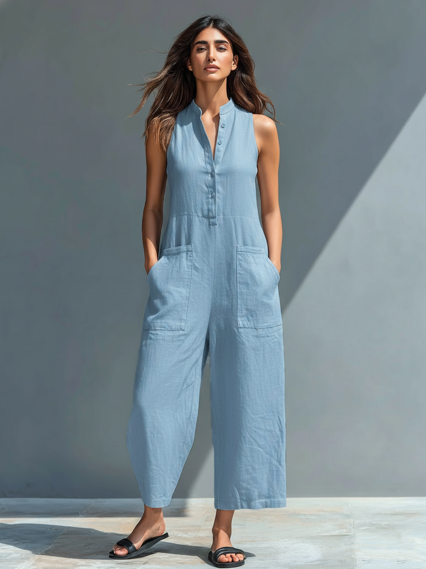 Women’s Linen Blend Stand Collar Sleeveless Jumpsuit – Button-Front Loose Fit Summer Outfit