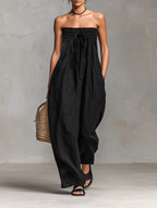 Women’s Strapless Linen Blend Jumpsuit – Tie Front Wide Leg Outfit