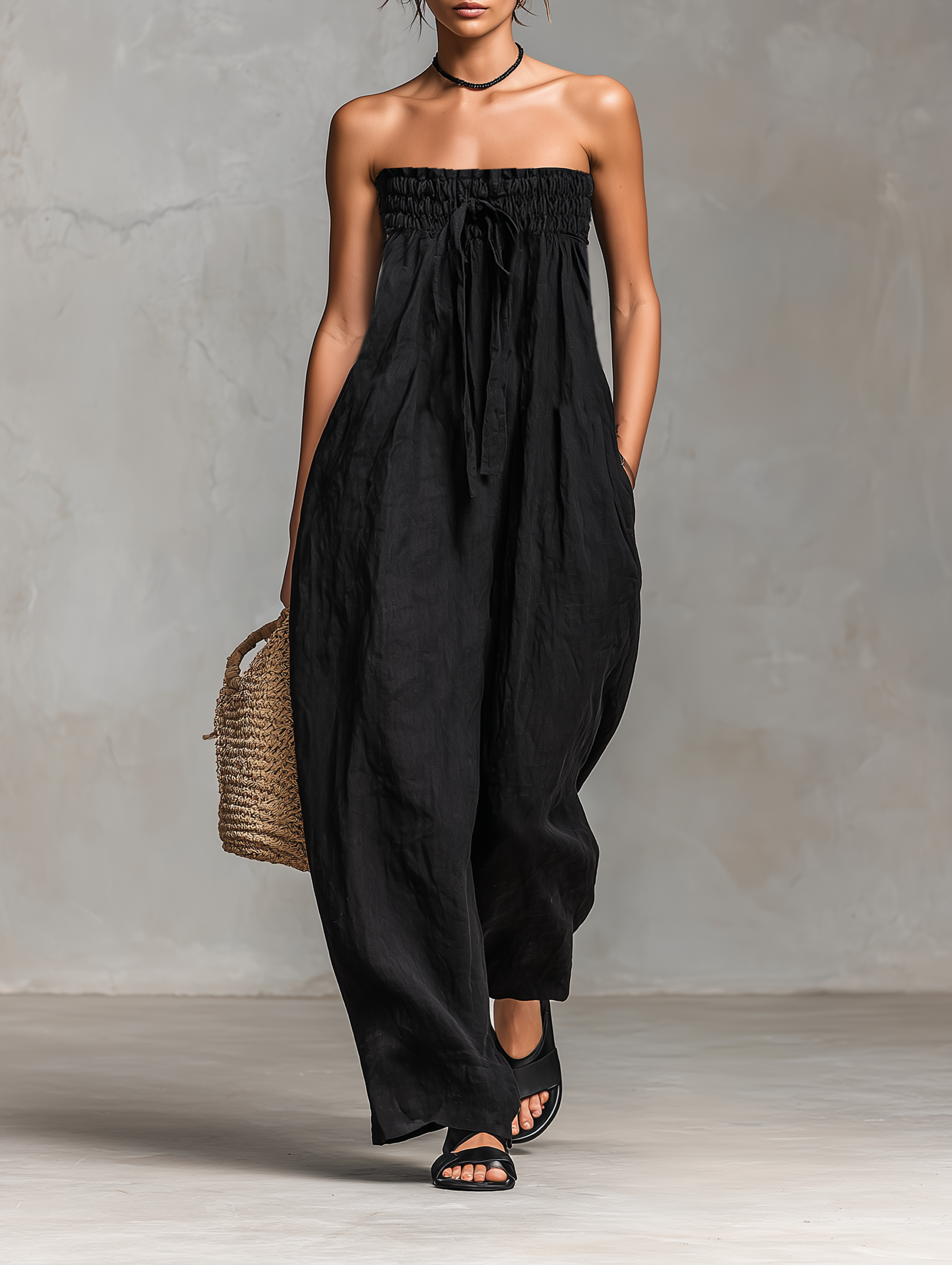 Women’s Strapless Linen Blend Jumpsuit – Tie Front Wide Leg Outfit
