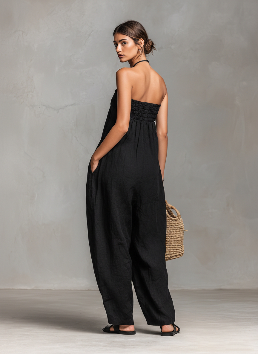 Women’s Strapless Linen Blend Jumpsuit – Tie Front Wide Leg Outfit