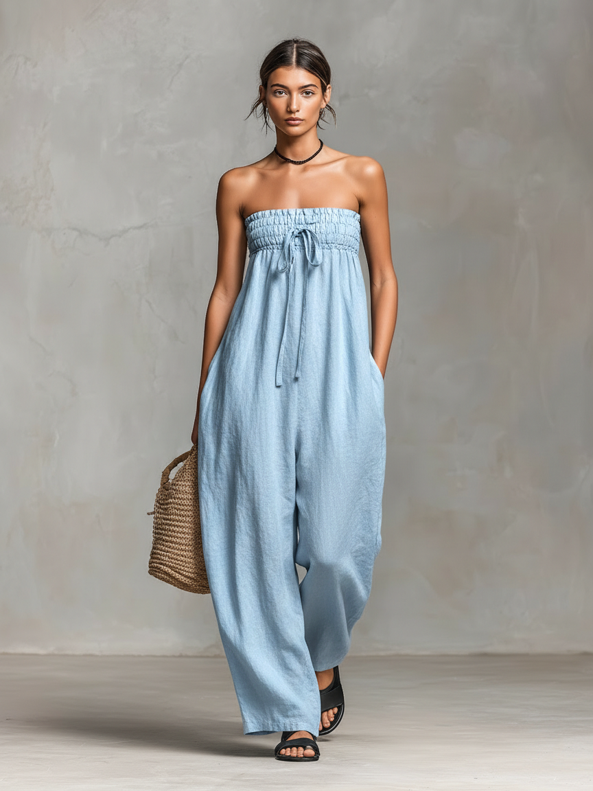 Women’s Strapless Linen Blend Jumpsuit – Tie Front Wide Leg Outfit