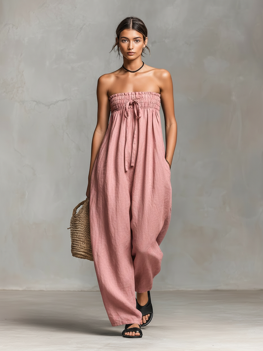 Women’s Strapless Linen Blend Jumpsuit – Minimalist Tie-Front Loose Fit Full-Length