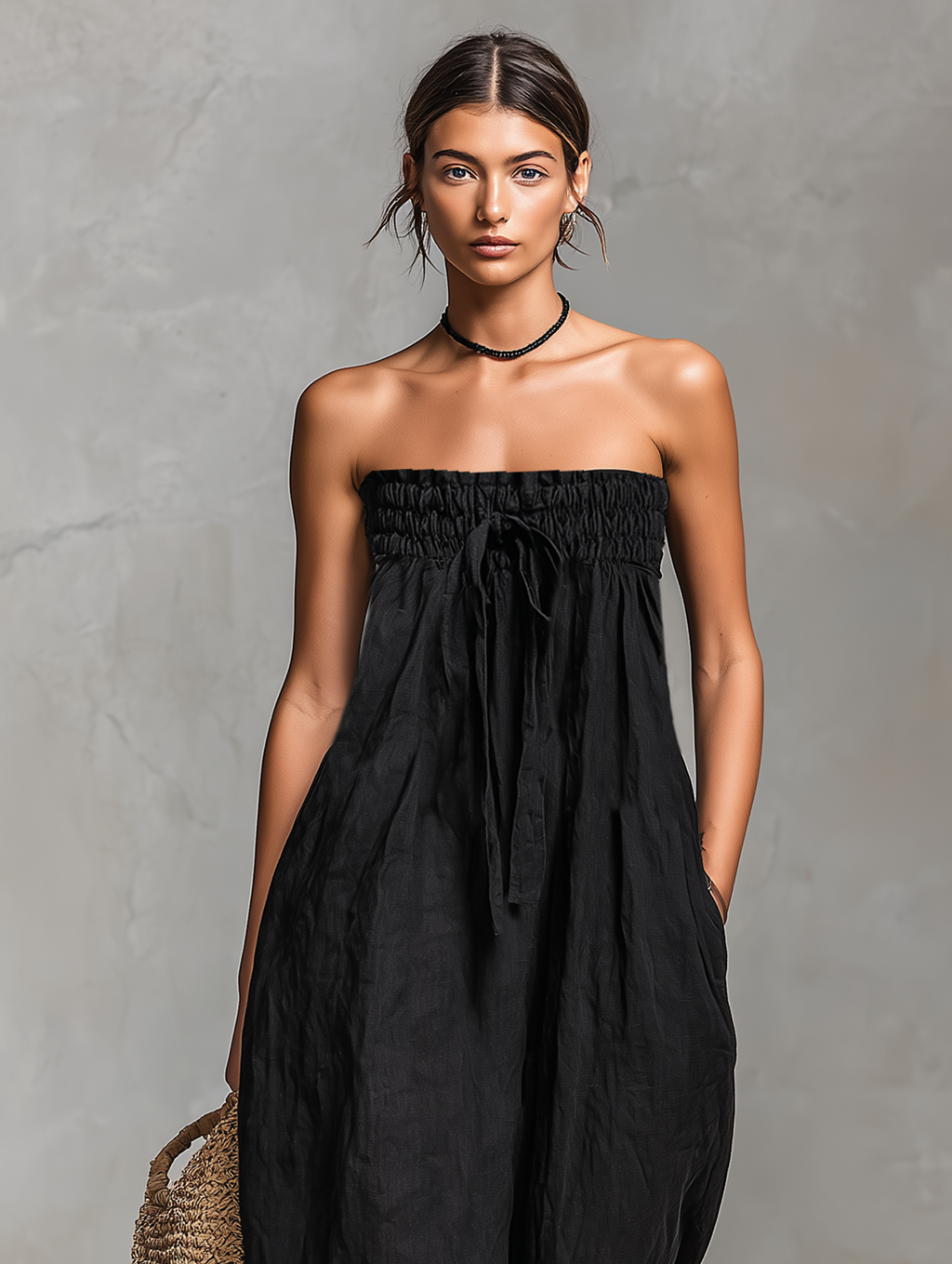 Women’s Strapless Linen Blend Jumpsuit – Tie Front Wide Leg Outfit
