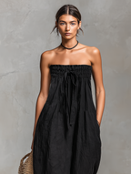 Women’s Strapless Linen Blend Jumpsuit – Tie Front Wide Leg Outfit