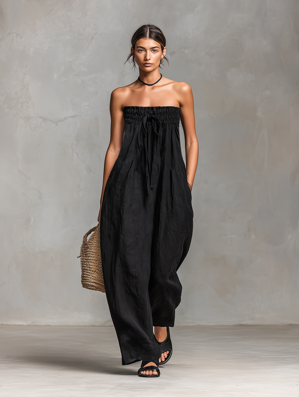 Women’s Strapless Linen Blend Jumpsuit – Tie Front Wide Leg Outfit