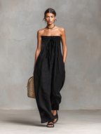 Women’s Strapless Linen Blend Jumpsuit – Tie Front Wide Leg Outfit