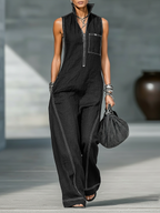Women’s Minimalist Sleeveless Wide-Leg Jumpsuit – Contrast Trim Zipper Neck