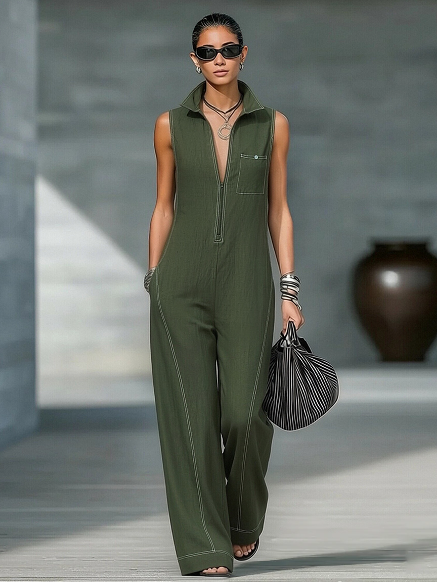 Women’s Minimalist Sleeveless Wide-Leg Jumpsuit – Contrast Trim Zipper Neck