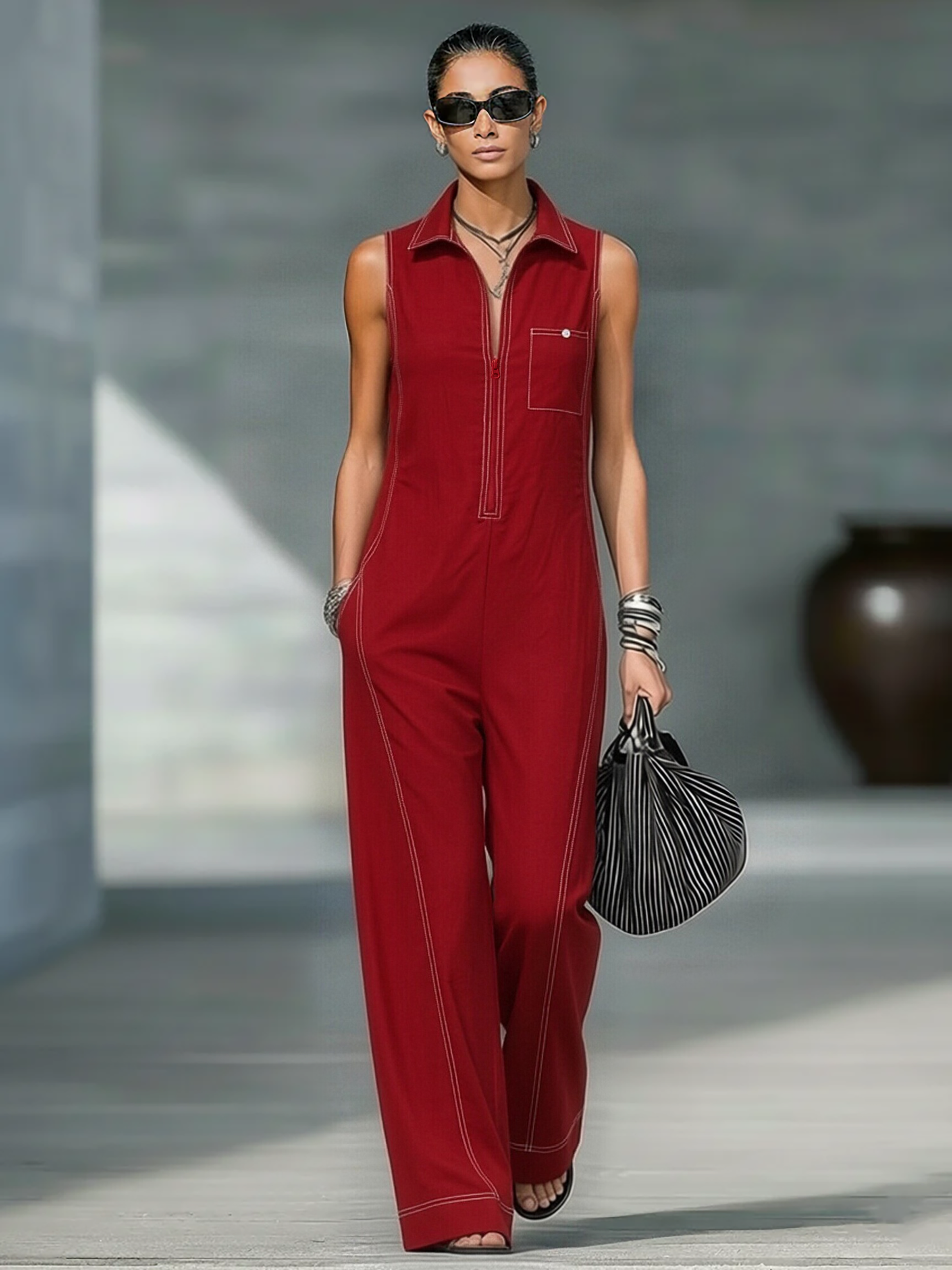 Women’s Minimalist Sleeveless Wide-Leg Jumpsuit – Contrast Trim Zipper Neck
