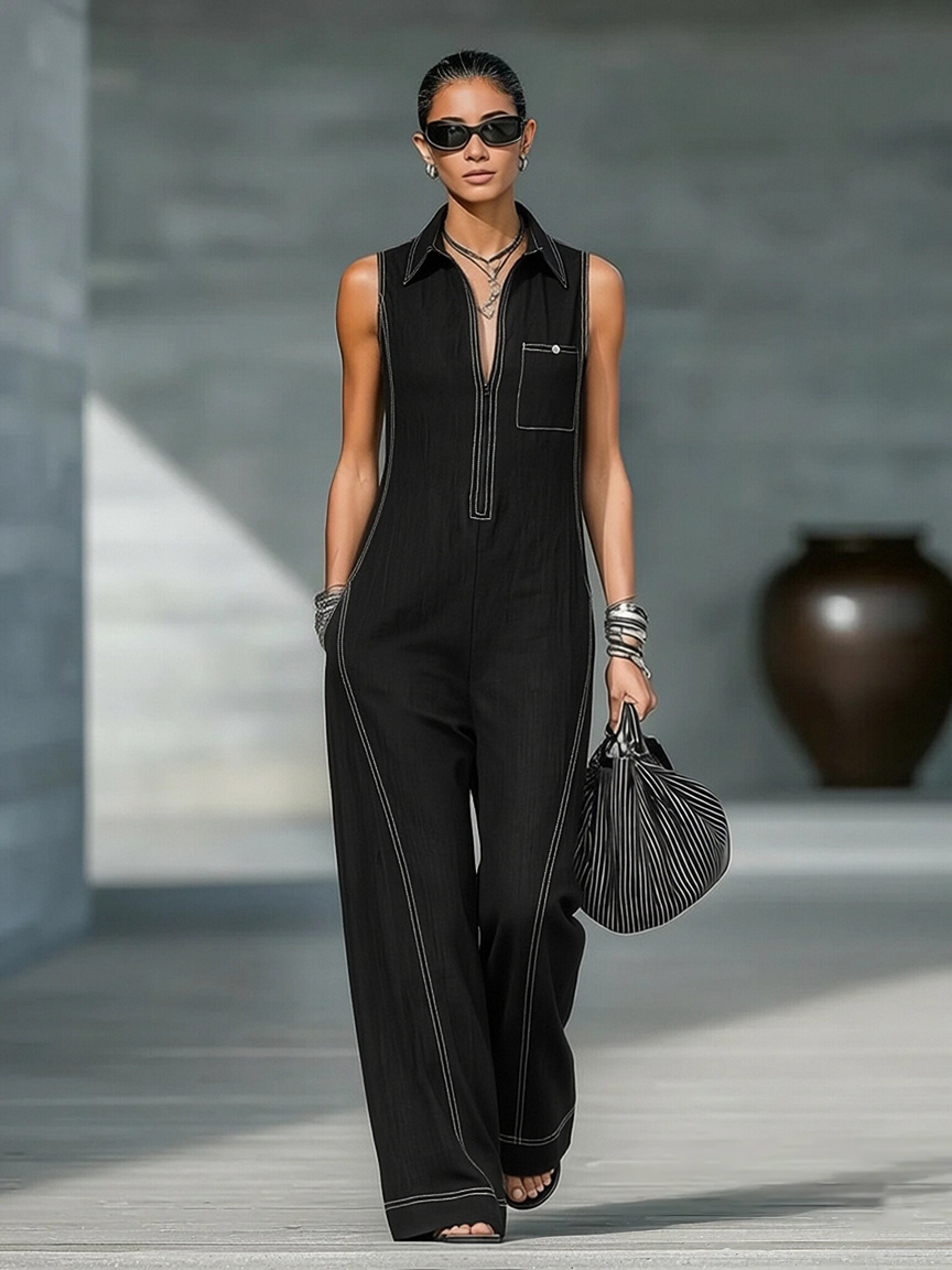 Women’s Minimalist Sleeveless Wide-Leg Jumpsuit – Contrast Trim Zipper Neck