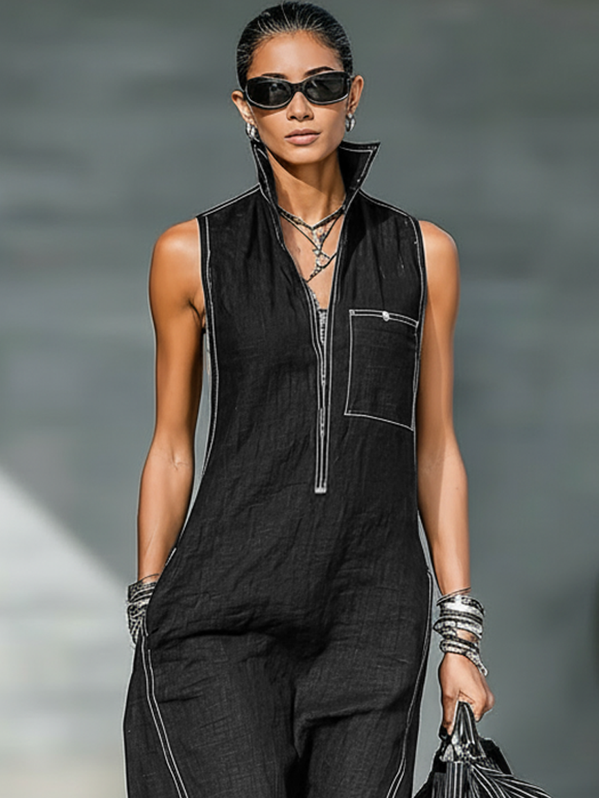 Women’s Minimalist Sleeveless Wide-Leg Jumpsuit – Contrast Trim Zipper Neck