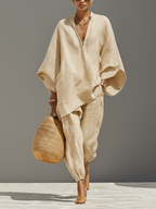Women’s Linen Cotton Co-Ord Set – Asymmetric Hem Top & Tapered Pants