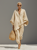 Women’s Linen Cotton Co-Ord Set – Asymmetric Hem Top & Tapered Pants