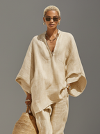 Women’s Linen Cotton Co-Ord Set – Asymmetric Hem Top & Tapered Pants