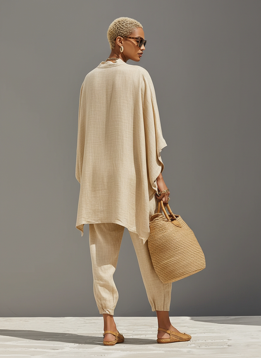 Women’s Linen Cotton Co-Ord Set – Asymmetric Hem Top & Tapered Pants
