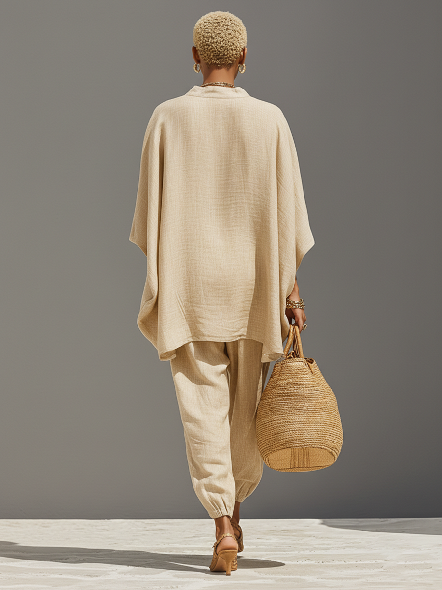 Women’s Linen Cotton Co-Ord Set – Asymmetric Hem Top & Tapered Pants