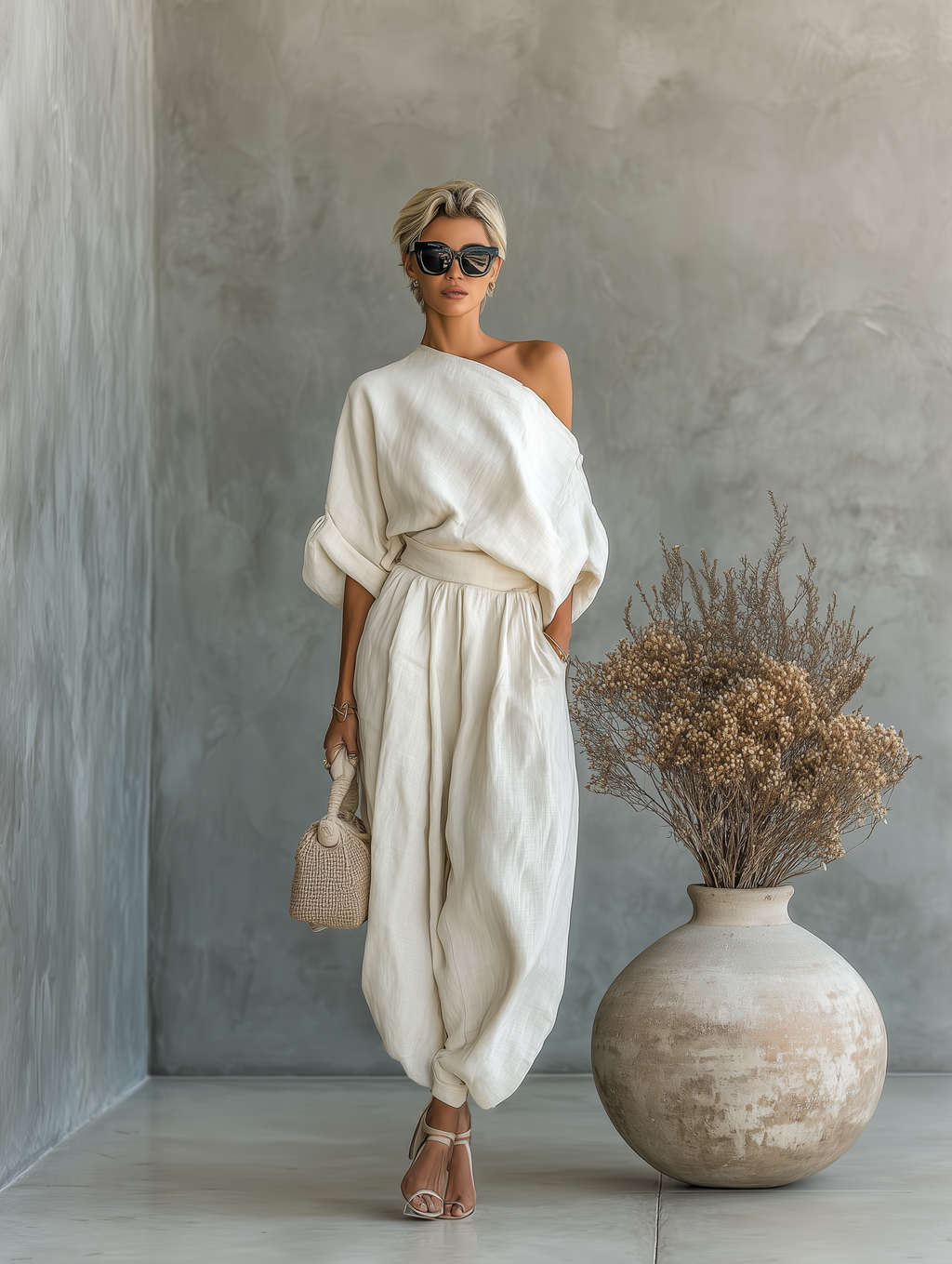 Women’s Off Shoulder Linen Two Piece Set – Relaxed Summer Pants Outfit