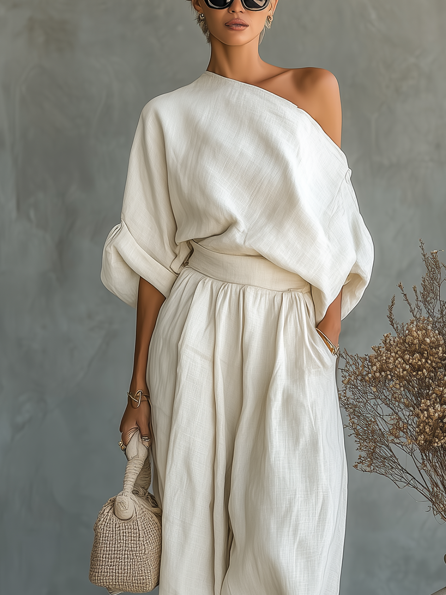 Women’s Off Shoulder Linen Two Piece Set – Relaxed Summer Pants Outfit