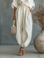 Women’s Off Shoulder Linen Two Piece Set – Relaxed Summer Pants Outfit