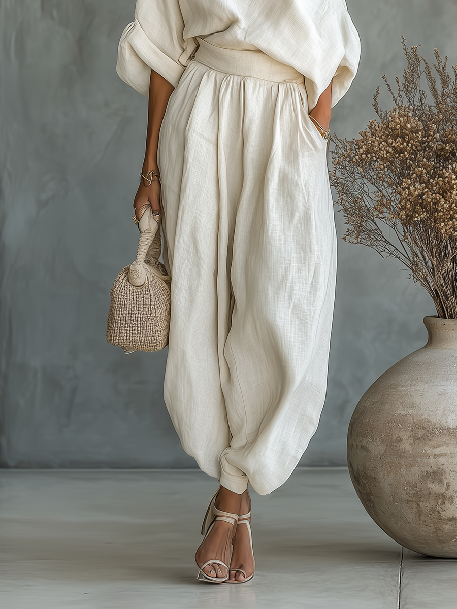 Women’s Off Shoulder Linen Two Piece Set – Relaxed Summer Pants Outfit
