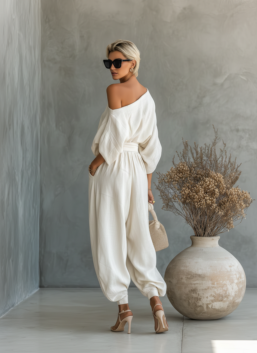 Women’s Off Shoulder Linen Two Piece Set – Relaxed Summer Pants Outfit