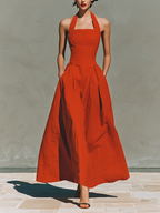 Women’s Red Halter Maxi Dress – Pleated Linen Look Resort Dress