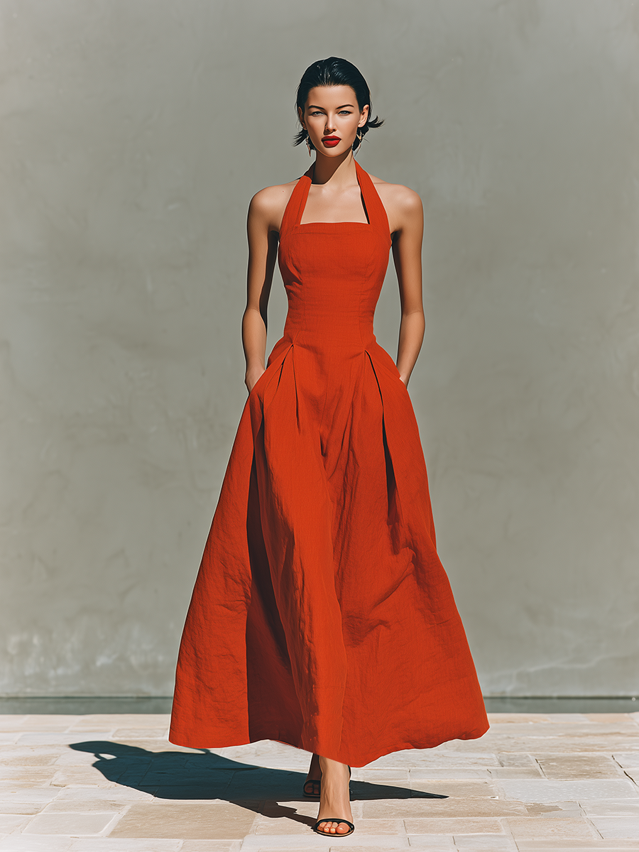 Women’s Red Halter Maxi Dress – Pleated Linen Look Resort Dress