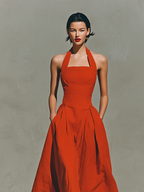 Women’s Red Halter Maxi Dress – Pleated Linen Look Resort Dress