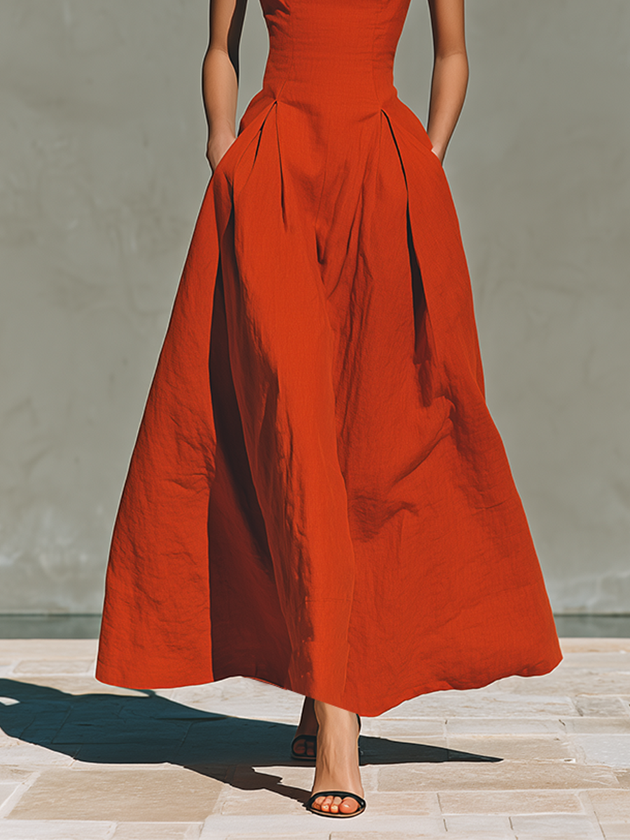 Women’s Red Halter Maxi Dress – Pleated Linen Look Resort Dress
