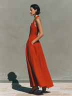 Women’s Red Halter Maxi Dress – Pleated Linen Look Resort Dress