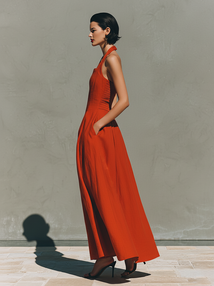 Women’s Red Halter Maxi Dress – Pleated Linen Look Resort Dress