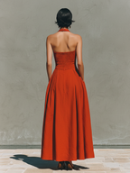 Women’s Red Halter Maxi Dress – Pleated Linen Look Resort Dress