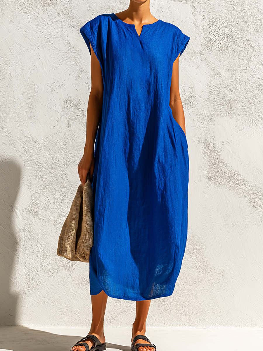 Women's Cap Sleeve Midi Dress with Pockets – Loose Fit Casual Linen-Look Cocoon Dress