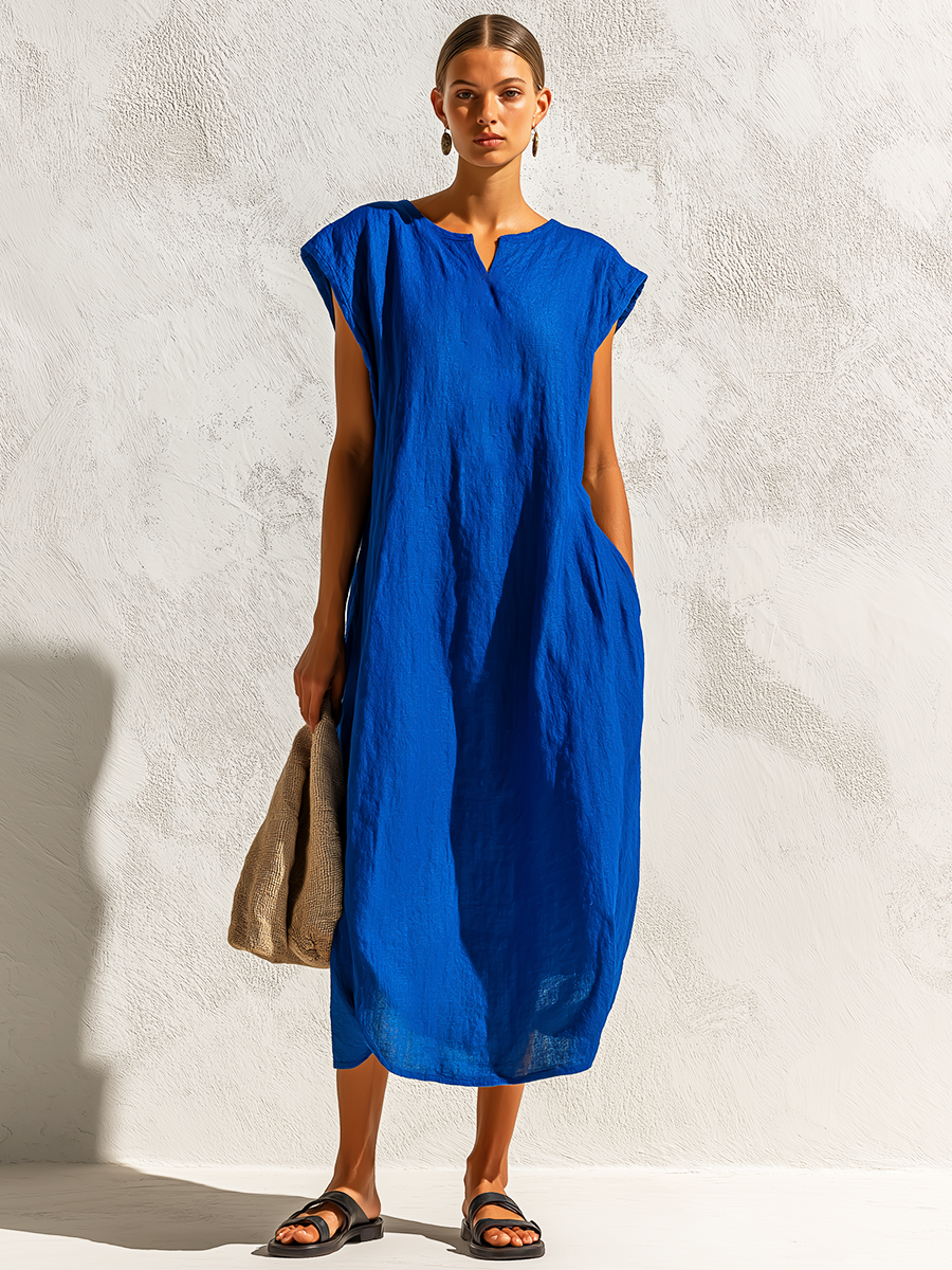 Women's Cap Sleeve Midi Dress with Pockets – Loose Fit Casual Linen-Look Cocoon Dress