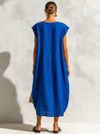 Women's Cap Sleeve Midi Dress with Pockets – Loose Fit Casual Linen-Look Cocoon Dress