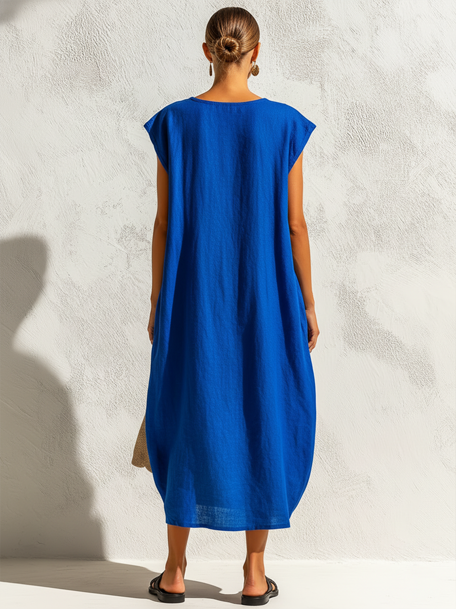 Women's Cap Sleeve Midi Dress with Pockets – Loose Fit Casual Linen-Look Cocoon Dress