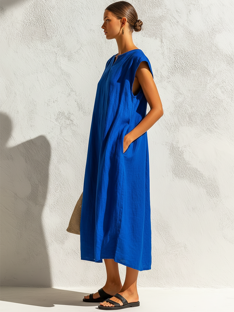 Women's Cap Sleeve Midi Dress with Pockets – Loose Fit Casual Linen-Look Cocoon Dress