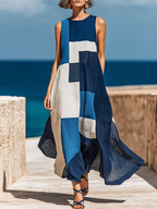 Blue Geometric Colorblock Linen Maxi Dress – Sleeveless Patchwork Summer Beach Dress