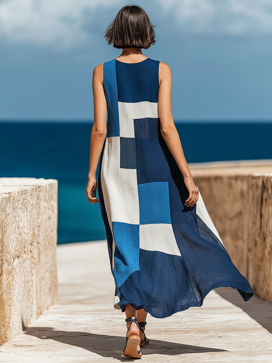 Blue Geometric Colorblock Linen Maxi Dress – Sleeveless Patchwork Summer Beach Dress