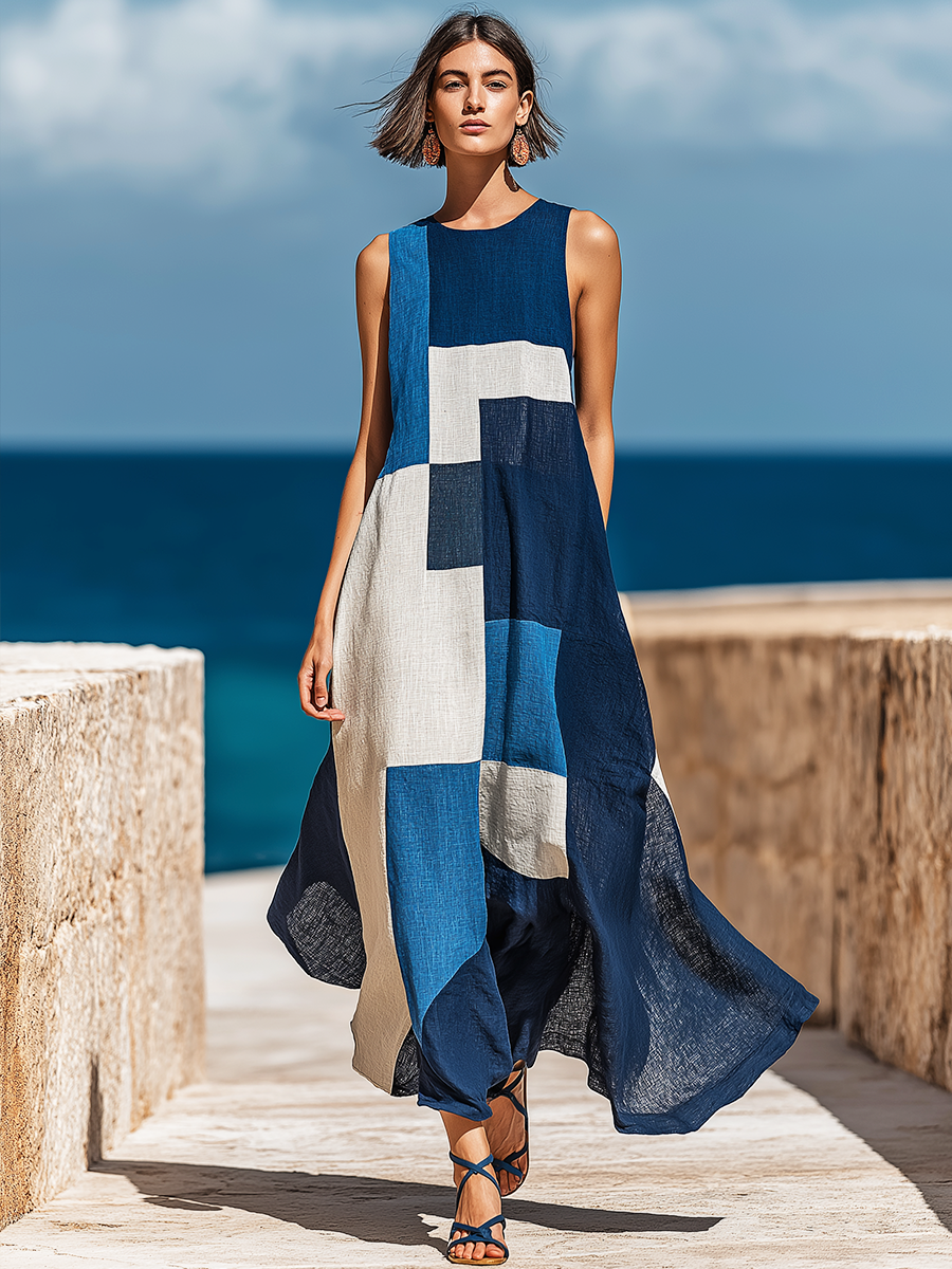 Blue Geometric Colorblock Linen Maxi Dress – Sleeveless Patchwork Summer Beach Dress