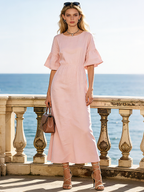 Women's Retro Elegant Simple Cotton Linen Ruffle Five-Quarter Sleeve Midi Dress ZMZ0549C9TO