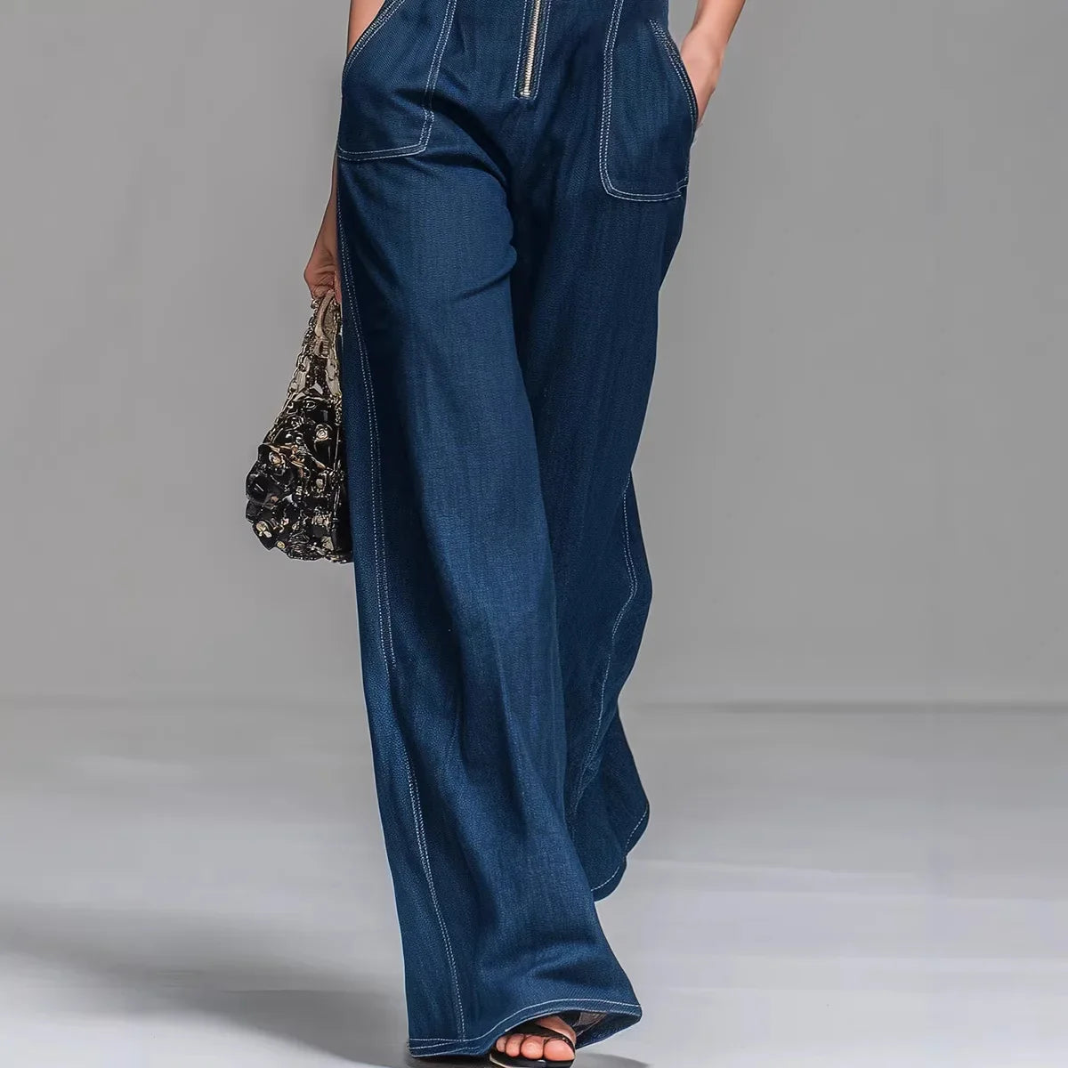 Women’s Sleeveless Denim Cargo Jumpsuit – High Waist Wide Leg Utility Casual Outfit