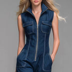 Women’s Sleeveless Denim Cargo Jumpsuit – High Waist Wide Leg Utility Casual Outfit