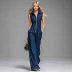 Women’s Sleeveless Denim Cargo Jumpsuit – High Waist Wide Leg Utility Casual Outfit